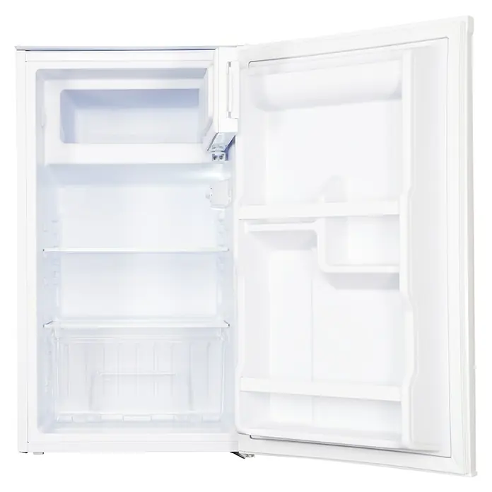 Respekta Kühlschrank Savo - Unterbaugerät, Nutzinhalt Gesamt: 81 l, 55 x 47,5 x 82 cm, Weiß - Offener, leerer weißer Mini-Kühlschrank mit Innenfächern und klaren Türablagen.