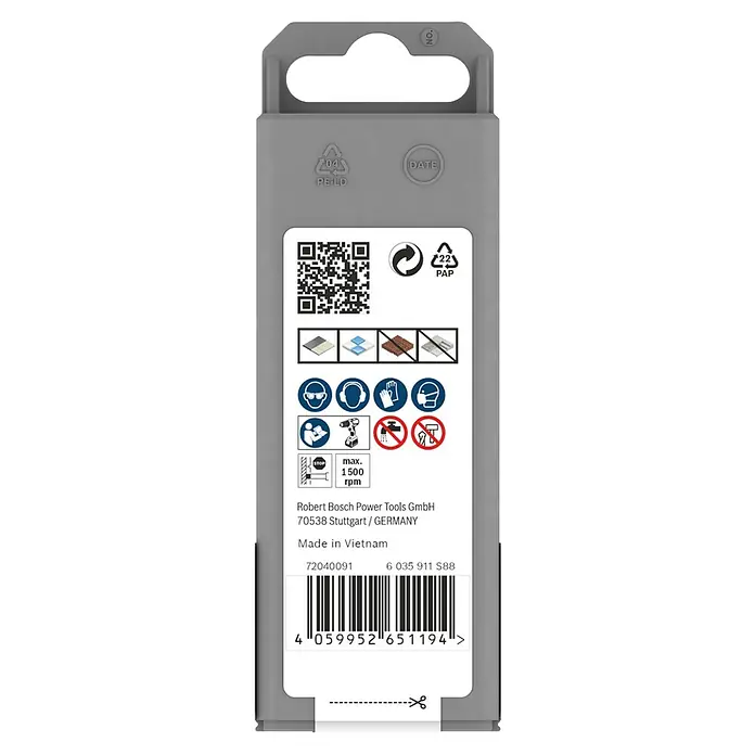 Bosch Diamant-Trockenbohrer - Durchmesser Bohrer: 6 mm - Verpackungsrückseite eines Bosch Power Tools Produkts mit Informationen zu Materialien, Sicherheit und Herstellungsort.
