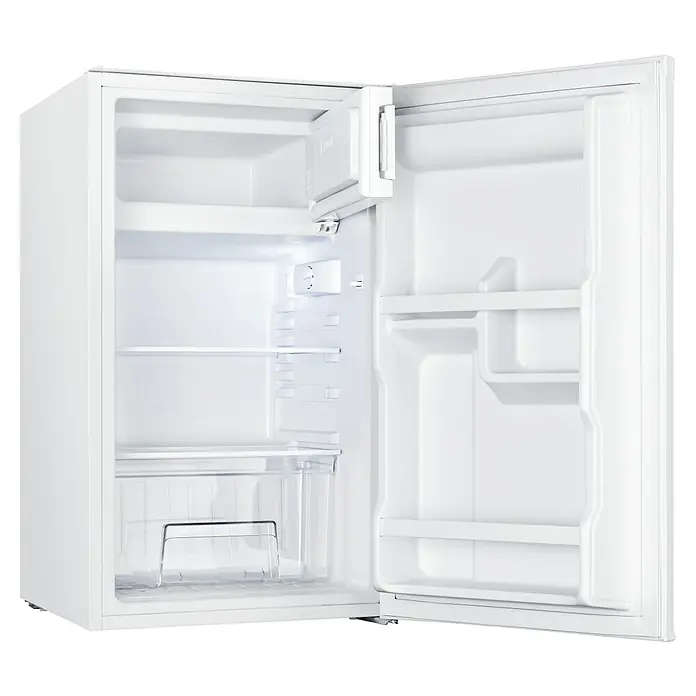 Respekta Kühlschrank Savo - Unterbaugerät, Nutzinhalt Gesamt: 81 l, 55 x 47,5 x 82 cm, Weiß - Weißer Kompaktkühlschrank, geöffnet mit Innenablagen, Gefrierfach und Türfächern.