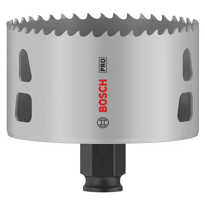 Bosch Lochsäge Pro Multi Material PC Plus - Durchmesser: 83 mm, Stahl - Abbildung eines Bosch Pro-Lochsägenaufsatzes, ideal für präzise Löcher in verschiedenen Materialien. Das Werkzeug zeichnet sich durch seine robuste Bauweise aus.