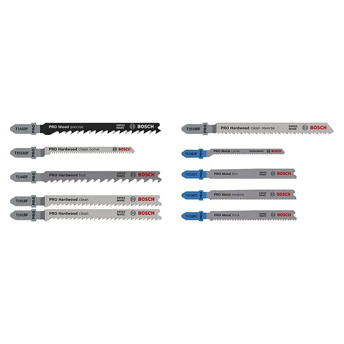 Bosch Stichsägeblatt-Set PRO Wood and Metal - 10 -tlg., T-Schaft - Verschiedene Bosch PRO Stichsägeblätter für Holz und Metall, mit unterschiedlichen Zahnformen für präzise, schnelle, saubere und Kurvenschnitte.