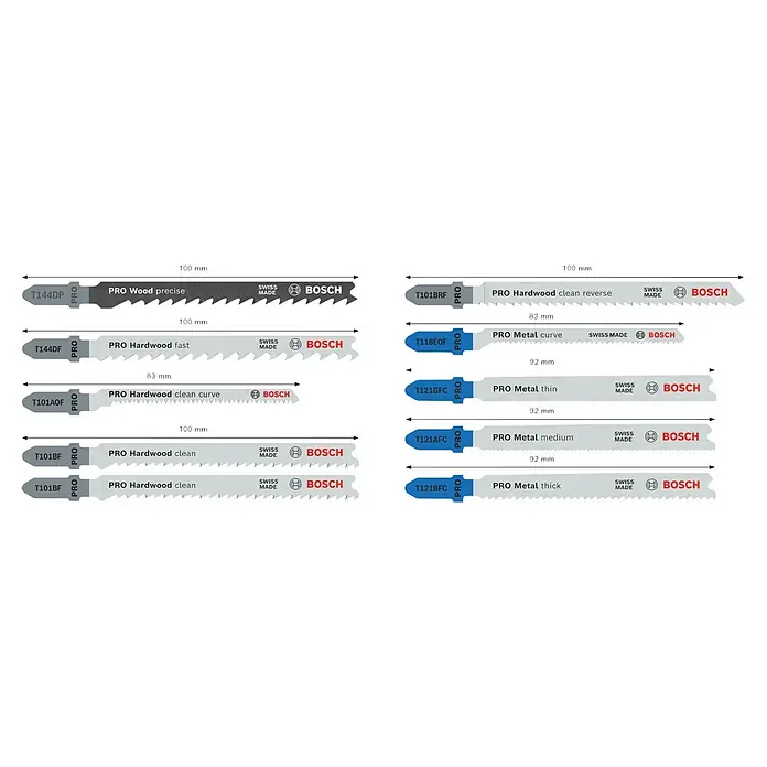 Bosch Stichsägeblatt-Set PRO Wood and Metal - 10 -tlg., T-Schaft - Sortiment von Bosch T-Schaft Stichsägeblättern für Holz und Metall, verschiedene Typen (präzise, sauber, schnell, Kurve, dünn, mittel, dick) und Längen.