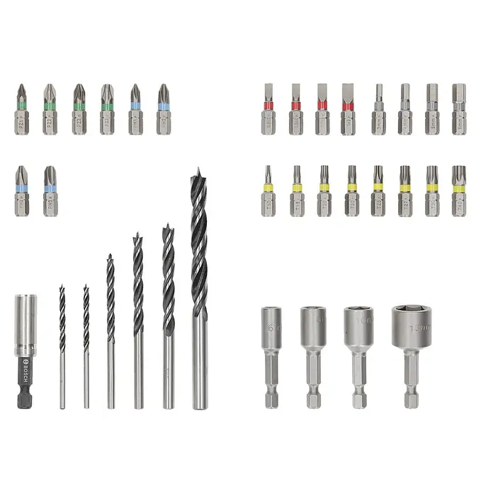 Bosch Bohrer- & Bit-Set Extra Hard und Pro Wood - 35 -tlg. - Sortiment aus silbernen und schwarzen Bohrern, Schrauber-Bits (Phillips, Torx, Schlitz, Sechskant) und Steckschlüsseln.