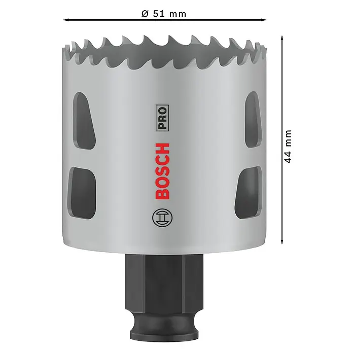 Bosch Lochsäge Pro Multi Material PC Plus - Durchmesser: 51 mm, Stahl - Abbildung eines Bosch Pro Lochsägebohrers mit Abmessungen. Die Lochsäge ist silbern und hat eine schwarze Basis.