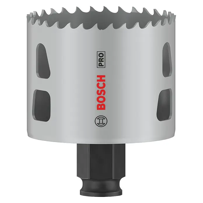 Bosch Lochsäge Pro Multi Material PC Plus - Durchmesser: 60 mm, Stahl - Nahaufnahme einer Bosch Pro Lochsäge, ideal für präzise Schnitte. Hochwertige Materialien und robuste Konstruktion für professionelle Anwendungen.