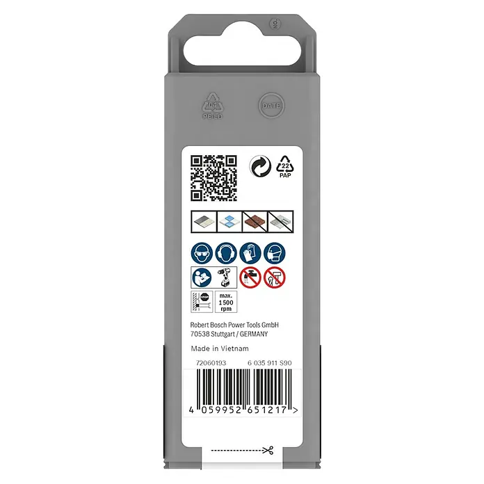 Bosch Fliesenbohrer Pro Ceramic Dry - 1 Stk., Durchmesser Bohrer: 8 mm - Rückseite einer grauen Kunststoffverpackung für Werkzeugzubehör, mit Sicherheitssymbolen, Recyclingsymbolen und Produktdetails auf weißem Etikett.
