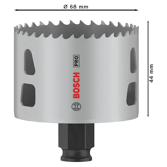 Bosch Lochsäge Pro Multi Material PC Plus - Durchmesser: 68 mm, Stahl - Bild einer Bosch Pro Lochsäge mit den Abmessungen Ø 68 mm und 44 mm Höhe.