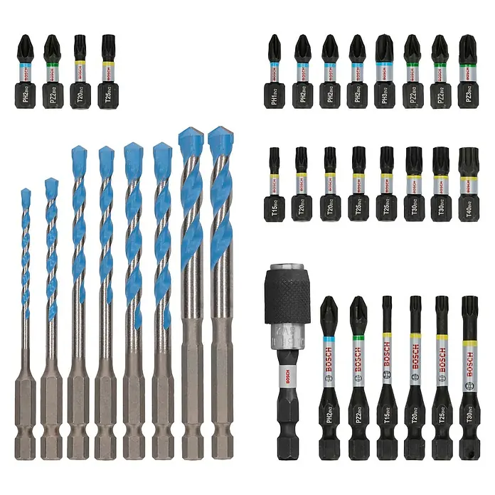 Bosch Bohrer- & Bit-Set Pro Impact Mixed Set - 35 -tlg. - Nahaufnahme eines Bosch-Bohr- und Bit-Sets mit verschiedenen Größen und Typen. Hochwertiges Werkzeug für präzise Bohrarbeiten.