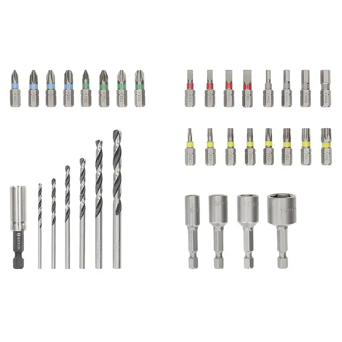 Bosch Bohrer- & Bit-Set Extra Hard und Metal HSS - 35 -tlg. - Satz verschiedener silberner und schwarzer Bohrer, Schrauberbits und Steckschlüssel für Elektrowerkzeuge.