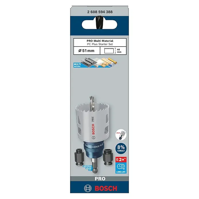 Bosch Professional Lochsägen-Set Starter-Set PRO Multi Material PC Plus - Durchmesser: 51 mm, 5 -tlg. - Bosch Pro Multi Material 51mm Lochsägen-Set mit Power Change Plus Aufnahme und Adaptern, mit 8% Kobalt für lange Lebensdauer.