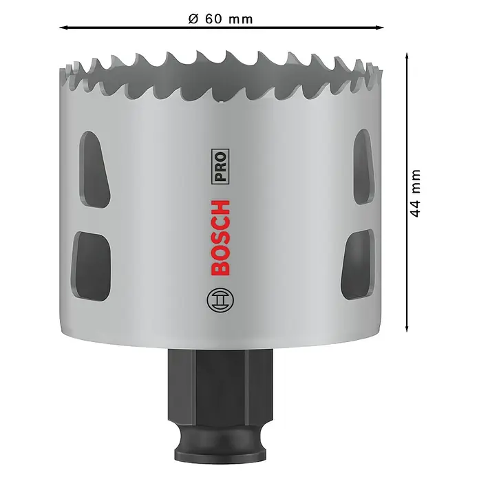 Bosch Lochsäge Pro Multi Material PC Plus - Durchmesser: 60 mm, Stahl - Produktbild eines Bosch Pro Lochsäge-Bit, ideal zum präzisen Bohren. Der Durchmesser beträgt 60 mm und die Länge 44 mm.