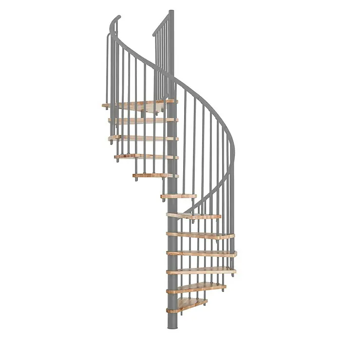 Minka Spindeltreppe Spiral Effect - Durchmesser: 120 cm, Grau, Farbe Stufen: Buche Natur, Geschosshöhe: 305,5 cm - Eine elegante Wendeltreppe mit Holzstufen und einem grauen Geländer. Sie dreht sich spiralförmig nach oben und bietet einen modernen Look.