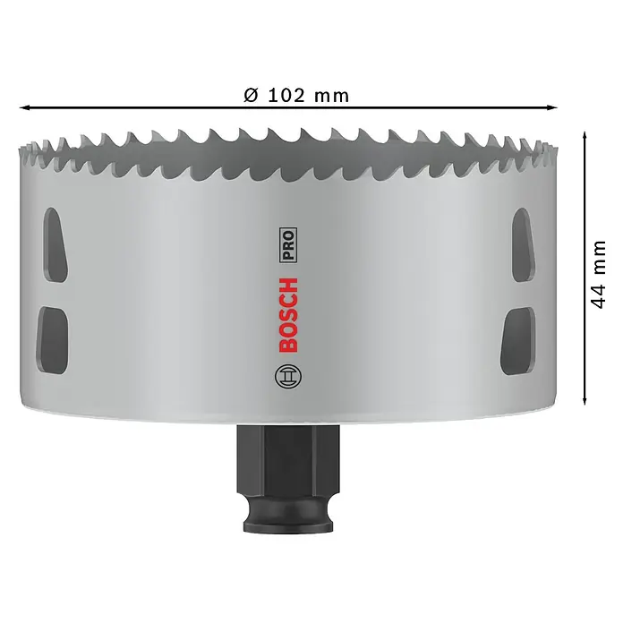 Bosch Lochsäge Pro Multi Material PC Plus - Durchmesser: 102 mm, Stahl - Das Bild zeigt eine Bosch Pro Lochsäge mit einem Durchmesser von 102 mm und einer Höhe von 47 mm.