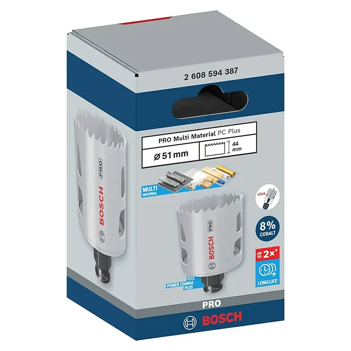 Bosch Lochsäge Pro Multi Material PC Plus - Durchmesser: 51 mm, Stahl - Eine Packung Bosch Pro Multi Material PC Plus Lochsäge mit 51 mm Durchmesser und 44 mm Schnitttiefe für vielfältige Materialien.