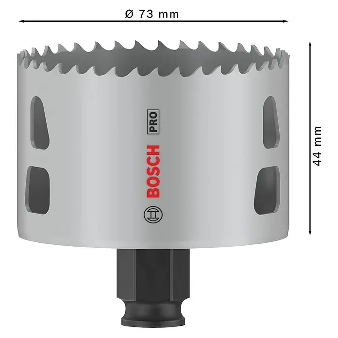 Bosch Lochsäge Pro Multi Material PC Plus - Durchmesser: 73 mm, Stahl - Das Bild zeigt eine Bosch Pro Lochsäge mit den Maßen ø 73 mm und 54 mm. Ideal für präzise Bohrungen in verschiedenen Materialien.