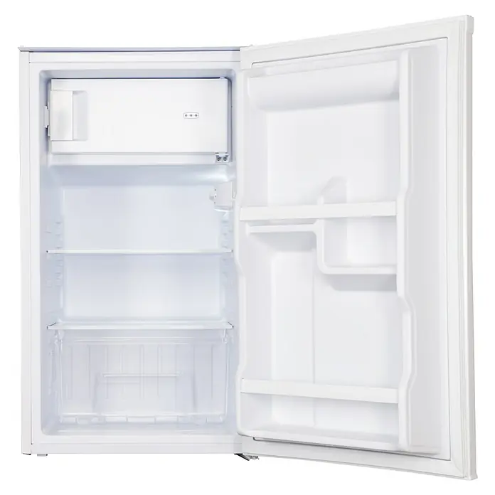 Respekta Kühlschrank Savo - Unterbaugerät, Nutzinhalt Gesamt: 81 l, 55 x 47,5 x 82 cm, Weiß - Offener weißer Mini-Kühlschrank mit leeren Innenfächern und Türablagen.