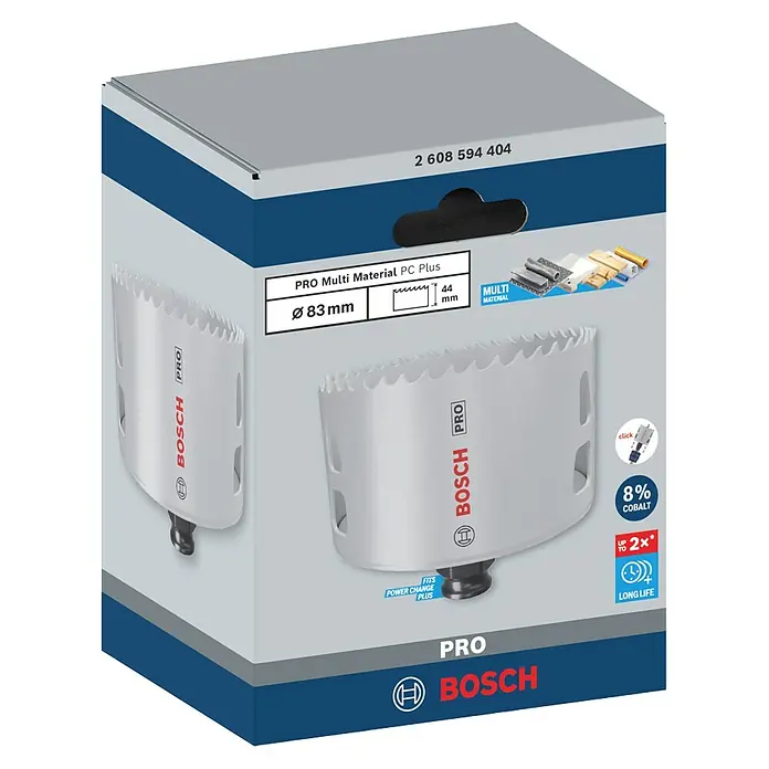 Bosch Lochsäge Pro Multi Material PC Plus - Durchmesser: 83 mm, Stahl - Eine Bosch Pro Multi Material Lochsäge PC Plus im Karton, mit 83 mm Durchmesser und 44 mm Schnitttiefe für vielfältige Materialien.
