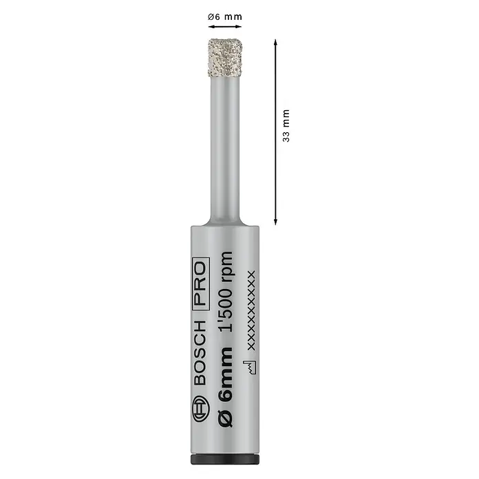 Bosch Diamant-Trockenbohrer - Durchmesser Bohrer: 6 mm - Bild einer Bosch Pro Diamantbohrkrone mit den Massen Ø6mm, 1'500 rpm und 33 mm Länge.