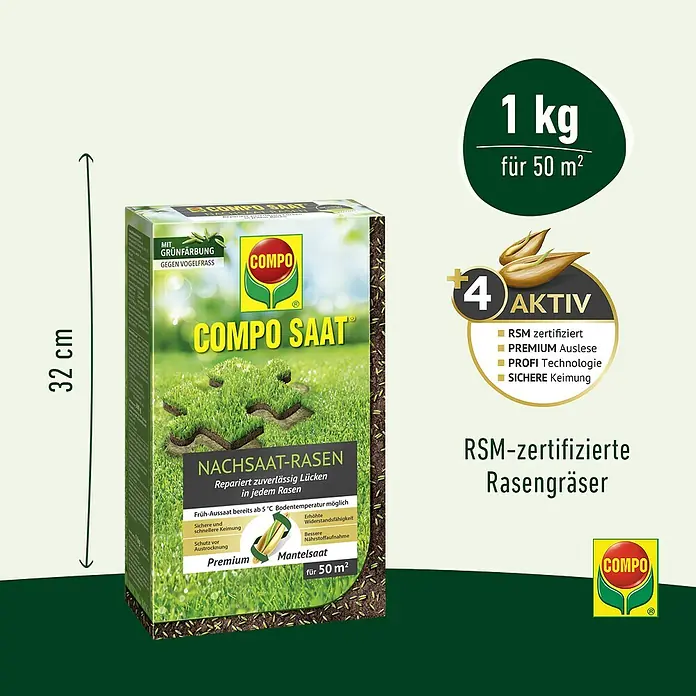 Compo Saat Nachsaat-Rasen Saat - 1 kg, 50 m² - COMPO Saat Nachsaat-Rasen Box, 1 kg für 50 m², mit Grünfärbung gegen Vogelfraß und 4 Aktiv-Vorteilen.