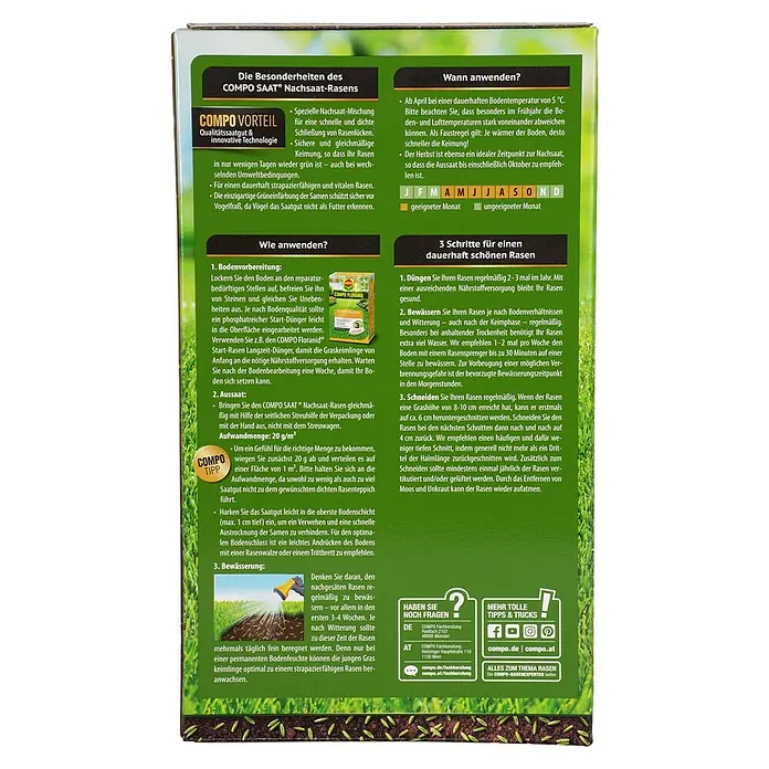 Compo Saat Nachsaat-Rasen Saat - 1 kg, 50 m² - Grünes Produktetikett für COMPO SAAT Rasensaatgut mit detaillierten Anweisungen, Vorteilen und Pflegetipps für einen dichten Nachsaat-Rasen.
