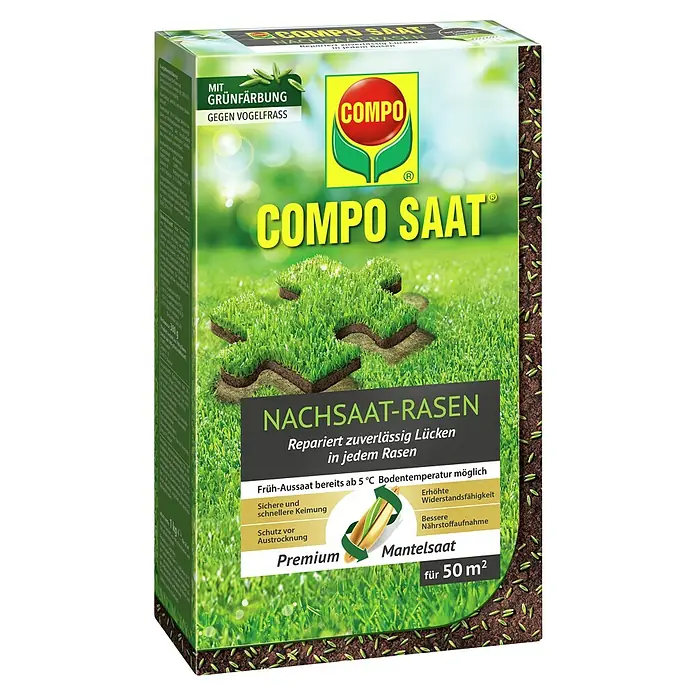 Compo Saat Nachsaat-Rasen Saat - 1 kg, 50 m² - Grüne und gelbe Schachtel COMPO SAAT Rasennachsaat mit Gras- und Samenabbildungen.