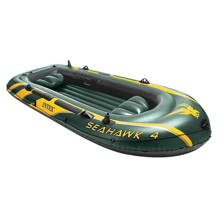 Intex Bote hinchable Seahawk 400 - Apto para: Máximo 4 personas, Carga útil: 400 kg - Bote inflable verde oscuro y amarillo para recreación acuática. Con marcas 'INTEX' y 'SEAHAWK 4'.