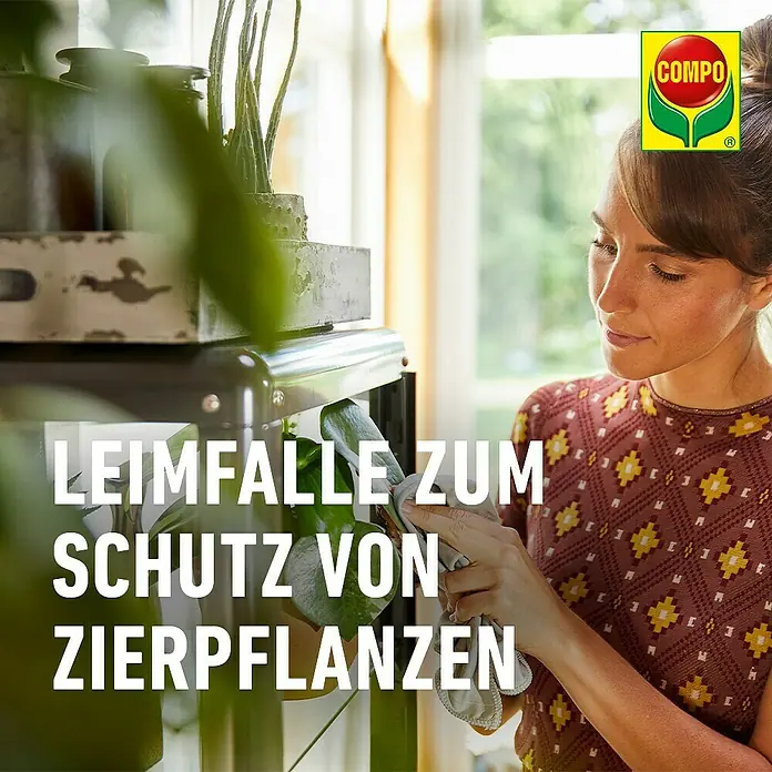 Compo Bio Gelbtafeln - 7 Stk. - Frau pflegt Zierpflanze, im Kontext von Leimfallen zum Pflanzenschutz.