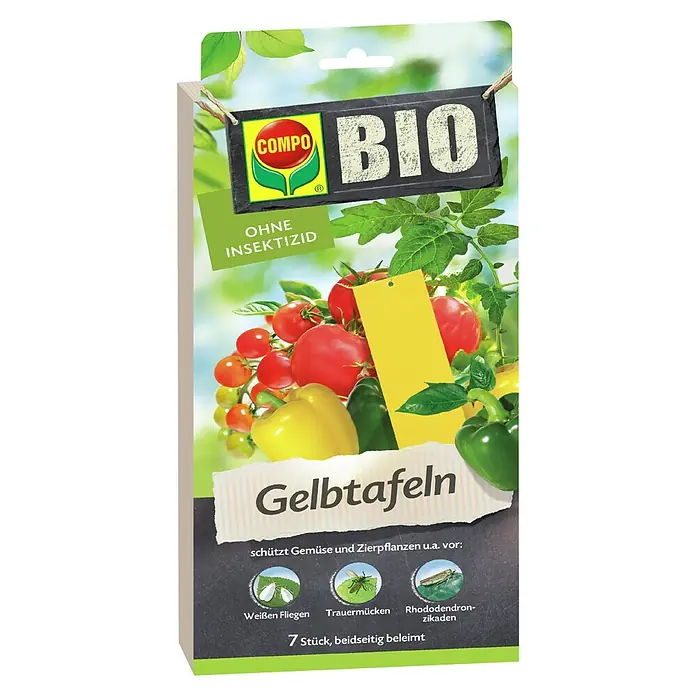 Compo Bio Gelbtafeln - 7 Stk. - COMPO BIO Gelbtafeln zur Insektenbekämpfung für Pflanzen, 7 Stück. Abgebildet mit Tomaten und Paprika im Garten.