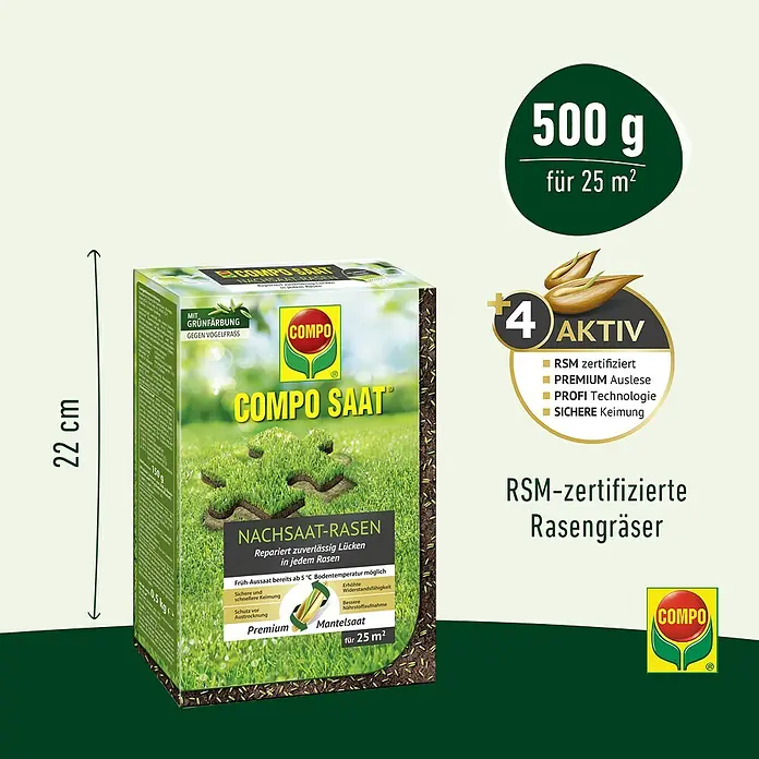 Compo Saat Nachsaat-Rasen Saat - 500 g, 25 m² - Grüne COMPO SAAT Nachsaat-Rasenbox (500g für 25m²) mit Vogelfrass-Schutz und 4 Aktiv-Komponenten für zuverlässige Rasenreparatur.