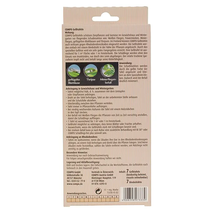 Compo Bio Gelbtafeln - 7 Stk. - Packung mit gelben COMPO Insekten-Klebefallen und Bindedrähten.