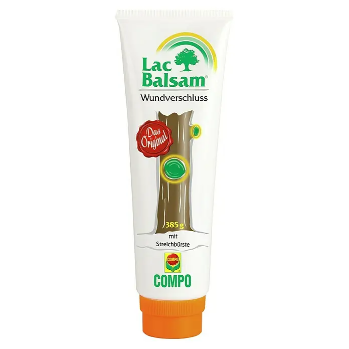 Compo Bio-Wundbalsam Lac Balsam® - 385 g - Weiße Tube Lac Balsam Baumwundverschluss (385g) mit orangefarbenem Verschluss und Streichbürste.