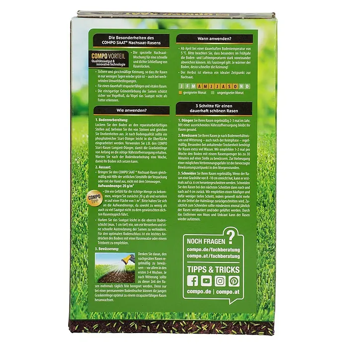 Compo Saat Nachsaat-Rasen Saat - 500 g, 25 m² - Rückseite einer Verpackung für COMPO SAAT® Nachsaat-Rasensamen mit Anwendungsbeschreibung und Pflegehinweisen.