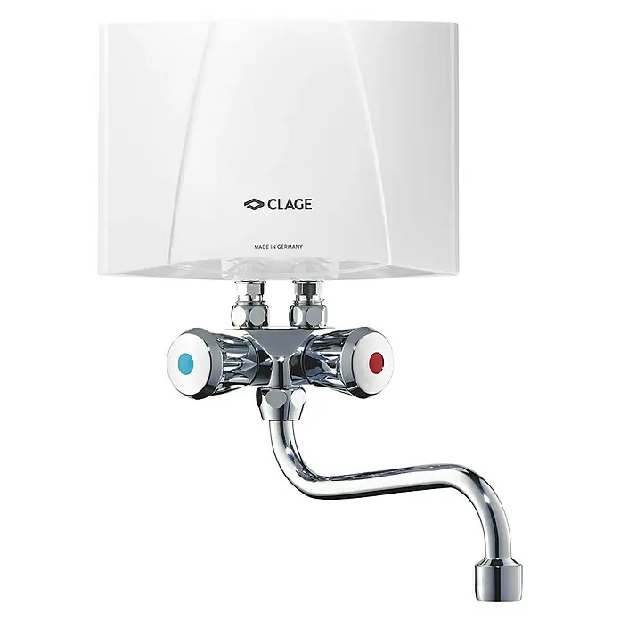 Clage Kleindurchlauferhitzer M3/SMB - 3,5 kW, Hydraulisch, Offen - CLAGE Untertischgerät mit Chrom-Mischbatterie mit blauen und roten Markierungen zur Temperaturregelung.