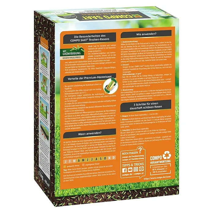 Compo Saat Rasensamen Trockenrasen - 1 kg, 40 m² - COMPO SAAT Trocken-Rasensaat-Box mit Produktinformationen und Anwendungshinweisen.