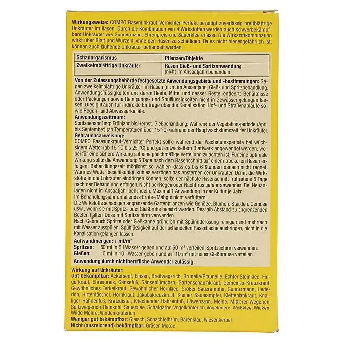Compo Unkrautvernichter Perfekt - 200 ml - Gelbes Produktetikett für COMPO Rasenunkraut-Vernichter mit Gebrauchsanweisung.