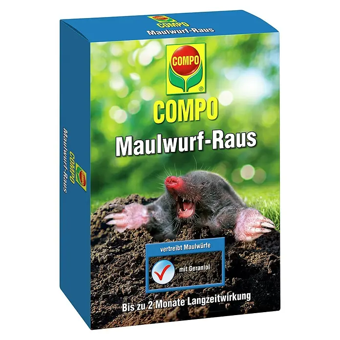 Compo Tiervertreiber Maulwurf-Raus - 200 g - Blaue Schachtel COMPO Maulwurf-Raus, mit Maulwurf auf der Vorderseite. Vertreibt Maulwürfe bis zu 2 Monate lang und enthält Geraniol.