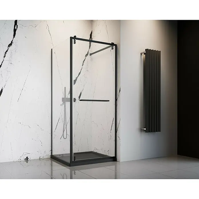 Camargue Palermo Eckdusche - L x B x H: 90 x 80 x 200 cm, Laufrollen tragen in der Höhe bis zu 40 mm auf, Unbeschichtet, Schwarz, Glasstärke: 6 mm, DIN Anschlag: Rechts - Eine moderne, schwarze Duschkabine mit Glasfront und eine elegante Heizung an der Wand.