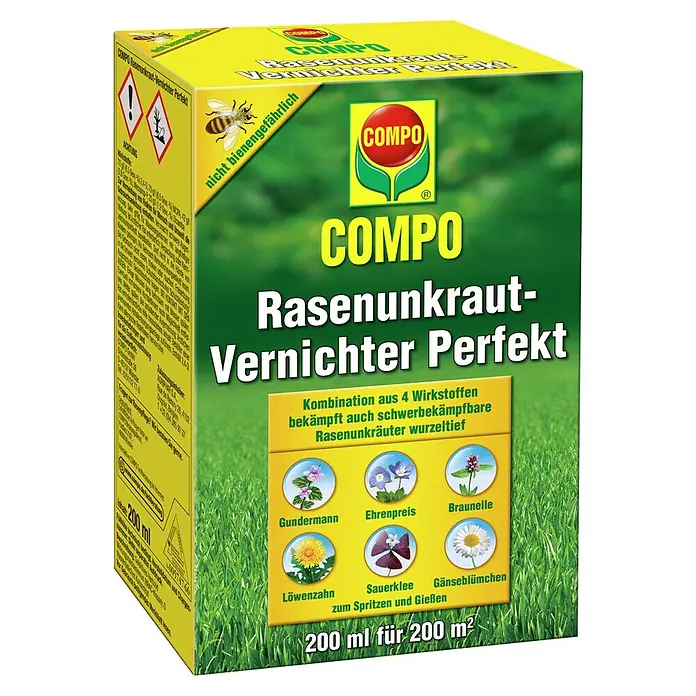 Compo Unkrautvernichter Perfekt - 200 ml - Gelb-grüne Packung Compo Rasenunkraut-Vernichter Perfekt. Beschriftet mit "nicht bienengefährlich" und zeigt Zielunkräuter.