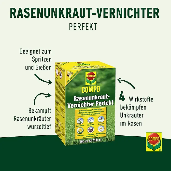Compo Unkrautvernichter Perfekt - 200 ml - Grüne und gelbe Packung COMPO Rasenunkraut-Vernichter Perfekt, ein Rasenunkrautmittel zum Spritzen oder Gießen gegen verschiedene Unkräuter.