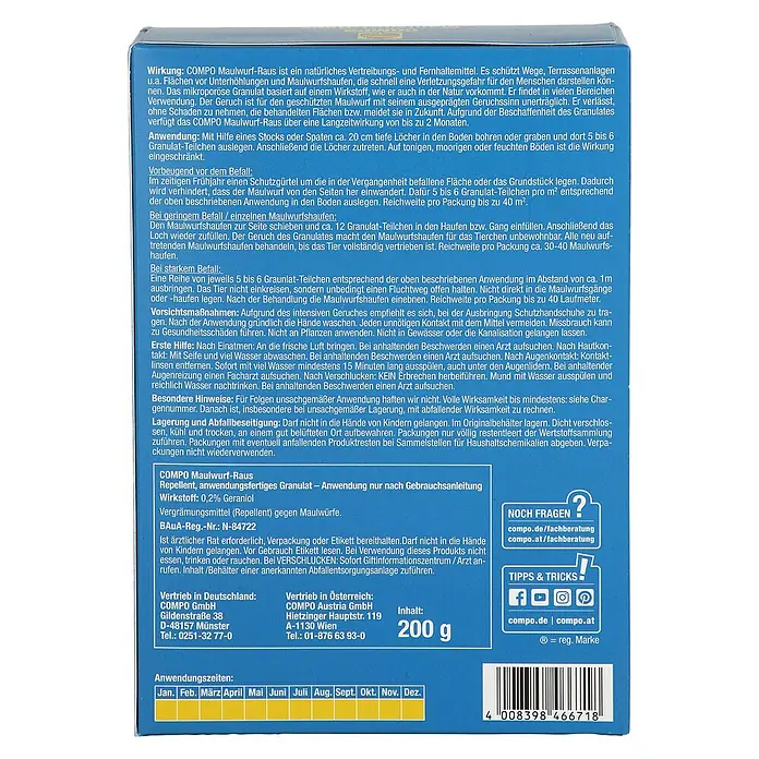 Compo Tiervertreiber Maulwurf-Raus - 200 g - Blaue Packung COMPO Maulwurf-Raus Granulat, ein Vergrämungsmittel gegen Maulwürfe.
