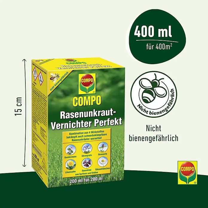 Compo Unkrautvernichter Perfekt - 200 ml - COMPO Rasenunkraut-Vernichter Perfekt, 400ml, bienenfreundlich, gelb-grüner Karton. Behandelt bis zu 400m².