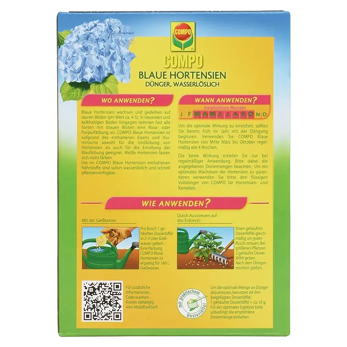 Compo Hortensiendünger Blaue Hortensien - 800 g - COMPO Blaue Hortensien Dünger Verpackung mit blauem Hortensienbild und Anwendungshinweisen.