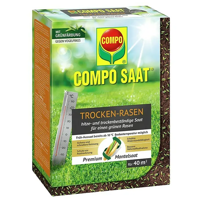 Compo Saat Rasensamen Trockenrasen - 1 kg, 40 m² - Grüne COMPO SAAT Rasensamen-Packung mit Thermometer und Grasillustrationen.
