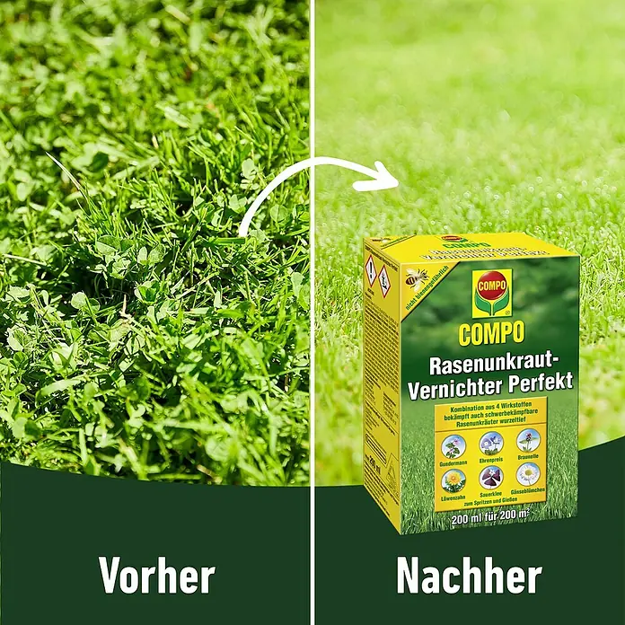 Compo Unkrautvernichter Perfekt - 200 ml - Gelb-grüne Packung COMPO Rasenunkraut-Vernichter Perfekt, ein Rasen-Unkrautvernichter.