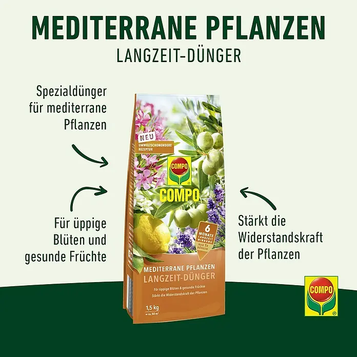 Compo Langzeitdünger Mediterrane Pflanzen - 1,5 kg - Produktabbildung von COMPO Mediterrane Pflanzen Langzeit-Dünger, Spezialdünger für mediterrane Pflanzen, stärkt die Widerstandskraft.