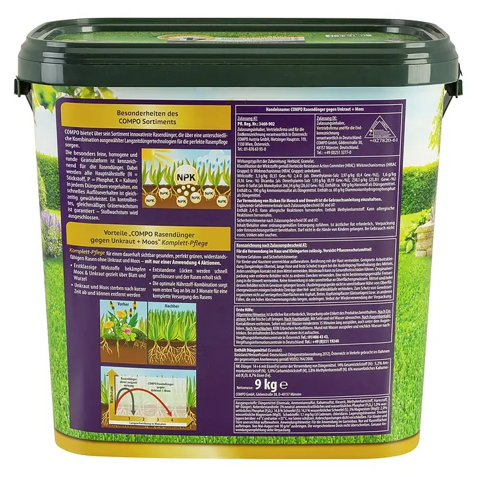Compo Rasendünger Unkraut + Moos Komplettpflege - 9 kg, Max. Anwendungsfläche: 300 m² - COMPO Rasendünger im Eimer mit grünem Deckel und detailliertem Produktetikett.