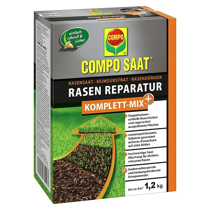 Compo Saat Rasensamen Reparatur Komplett-Mix+ - 1,2 kg, 6 m² - COMPO SAAT Rasen Reparatur Komplett-Mix, graue und orange Schachtel mit Graswachstum-Illustration, 1,2 kg.