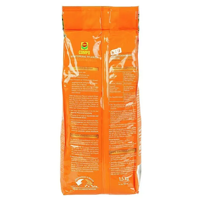 Compo Langzeitdünger Mediterrane Pflanzen - 1,5 kg - COMPO Mediterrane Pflanzen Langzeit-Dünger, ein hochwertiger Dünger für mediterrane Pflanzen mit Langzeitwirkung für Balkon und Terrasse.