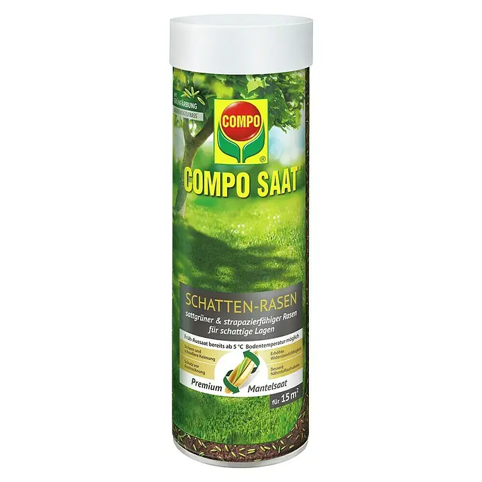 Compo Saat Rasensamen Schattenrasen - 300 g, 15 m² - COMPO Schatten-Rasen Saatgutbehälter mit grün gefärbter Mantelsaat für 15 m².