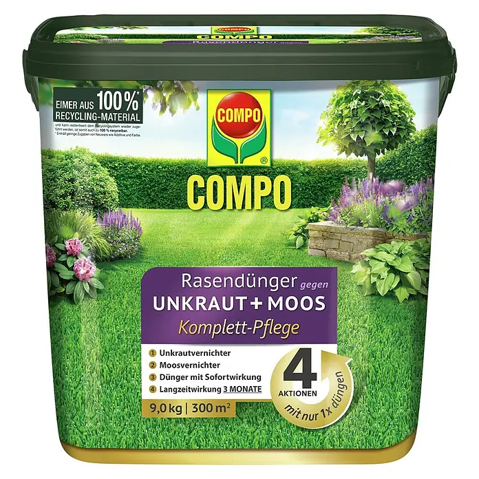 Compo Rasendünger Unkraut + Moos Komplettpflege - 9 kg, Max. Anwendungsfläche: 300 m² - Dunkelgrüner COMPO Rasendünger-Eimer (9,0 kg) aus 100% Recycling-Material zur Komplett-Pflege gegen Unkraut und Moos.